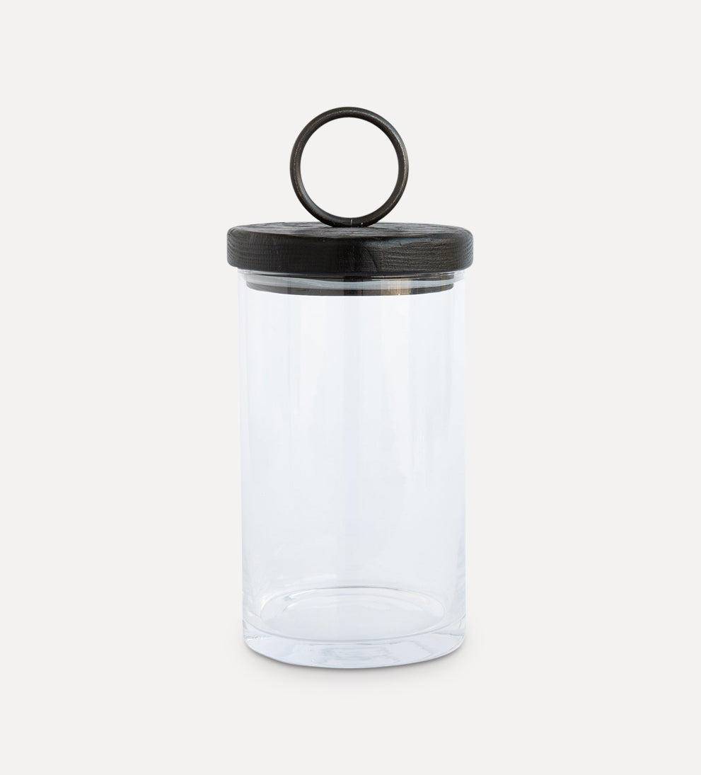 iron pull and wood lid glass canister